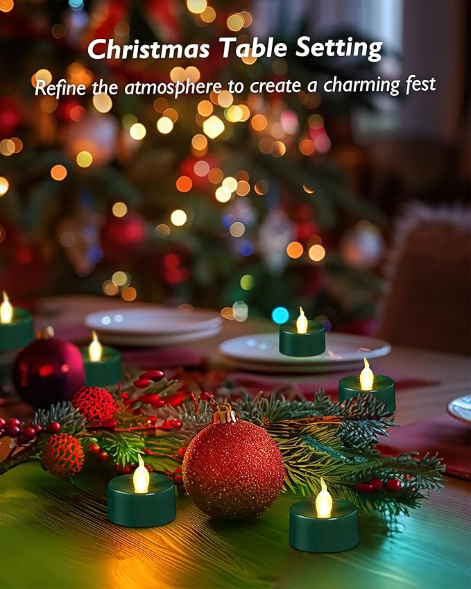 Green LED Candles, 12 Pack Tea Lights Candles Battery Operated, Flameless Tealight Candle, Realistic Tea Lights for Halloween Christmas Party Decor Mardi Gras