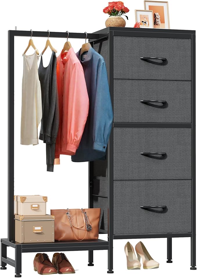 Dresser with Hanging Rack, 4 Drawers Small Closet for Bedroom, Reversible Fabric Kids Chest of Drawers with Clothes Rack, Tall Storage Tower, Sturdy Frame, Grey, 44''H