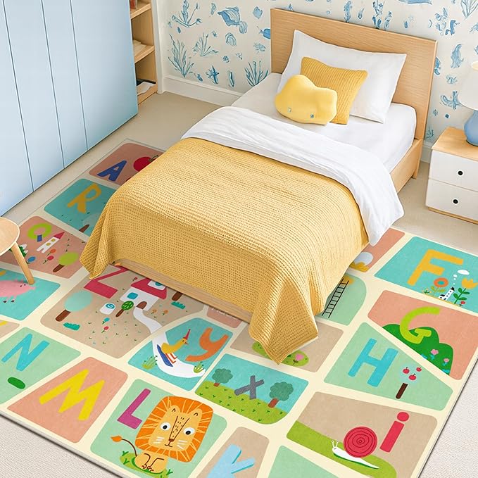 Huge ABC Alphabet Classroom Rugs Elementary – 9x12 School Rug for Kids Play, Washable & Wipeable Large Floor Carpet, Soft & Non Skid Design with Educational Letters and Whimsical Cartoon Art Decor