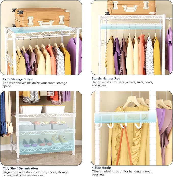 Clothes Rack, Heavy Duty Clothes Rack, Large Wire Closet Garment Rack, Freestanding Expandable Metal Clothing Rack with 4 Hanging Rods, 6 Shelves, and 4 Hangers for Hanging Clothes, White