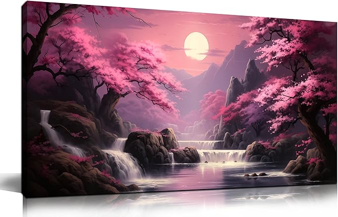 Landscape Wall Art for Living Room Bedroom Office Pink Wall Art Moon Lake Mountain Pictures Modern Artwork Framed Wall Decor Canvas Prints 20x40 Inch