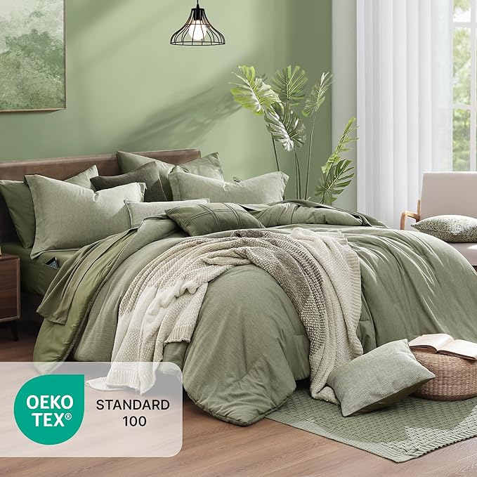 Monbix Twin XL Comforter Set Sage Green, Cationic Dyeing Bedding Set Reversible 5 Pieces, All Season Bed in a Bag with Comforter, Sheets, Pillowcase & Sham