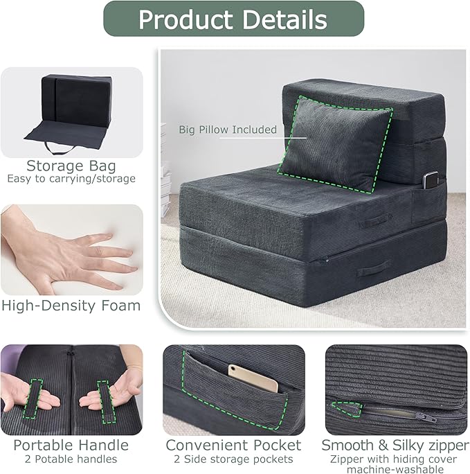 Folding Sofa Bed, 4 in 1 Convertible Sleeper Chair with Pillow, Single Memory Foam Fold Out Chair Bed, Modern Floor Futon Sofa Couch Mattress for Living Room/Guest/Apartment, Dark Grey