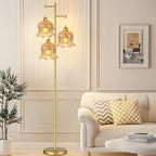 Glass Floor Lamp for Living Room,Bedroom,Mid Century Modern Standing Lamp Brass Tree 3 Light Tall Floor Lamps Vintage Floor Lights Gold Tulip Flower Lamp Shade Farmhouse Boho Bohemian
