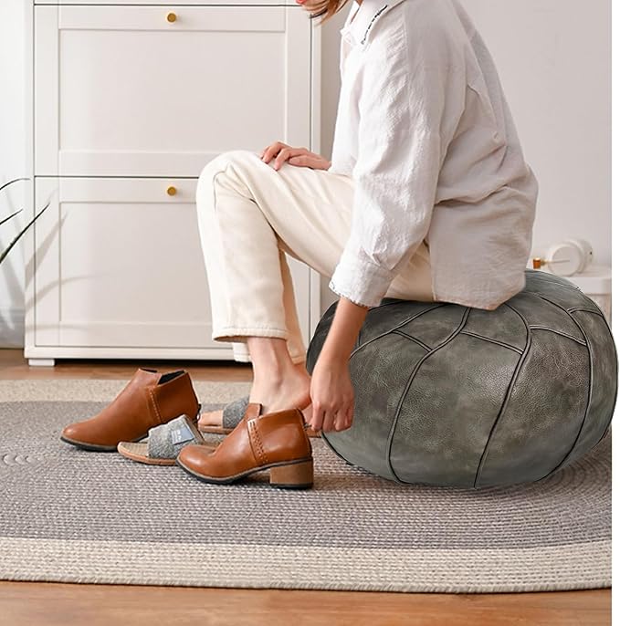 Thgonwid Round Unstuffed Pouf Cover, Leather Foot Stool Ottoman with Storage, Bean Bag Floor Chair, Multi Functional Footrest for Living Room, Bedroom or Balcony (Deep Gray)