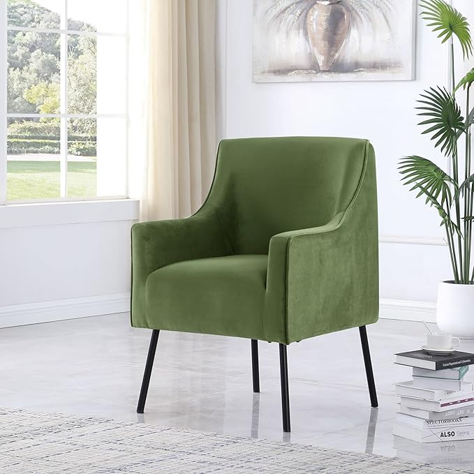 HomePop Mordern Accent Chair, Homepop Home Décor, Accent Chairs for Living Room & Bedroom, Fabric Reading Living Room Side Chair, Single Sofa with Lounge Seat and Metal Legs - Green Velvet