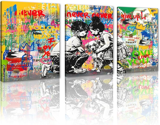 Novatique Street Graffiti Wall Art Banksy Canvas Wall Art Boy and Girl Street Art Print Modern Graffiti Art Abstract Painting Pop Art Wall Decor for Bedroom Living Room, 12”x 16”x 3Pcs
