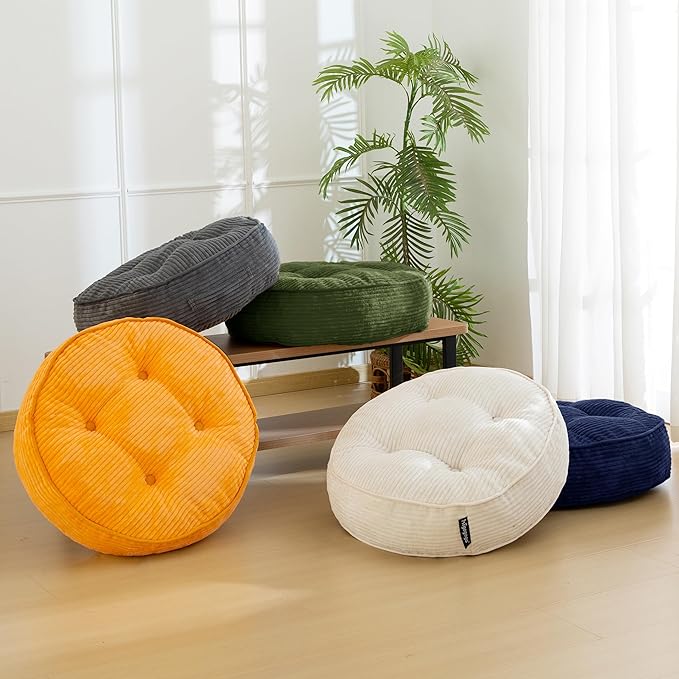 6" Washable Floor Pillow Cushion for Adults, Meditation Cushion Pillow, Large Round Floor Sitting, Removable Tufted Corduroy Cover, for Tatami Living Room or Yoga, 22x22 Inch, Machine Washable