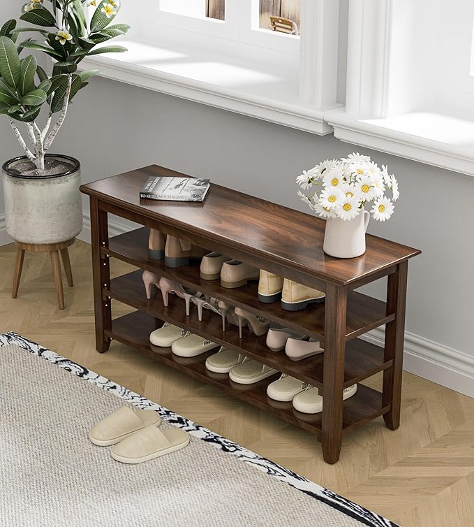 Shoe Rack Bench, 4-Tier Shoe Shelf Organizer, 39.4" Entryway Storage Bench for Hallway, Bedroom, Living Room, Bedroom, Hold up to 550 lbs, Solid Wood, Dark Brown