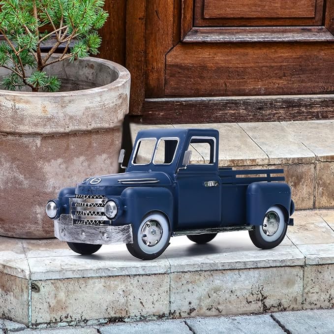 Farmhouse Blue Truck Decor, Vintage Metal Truck Table Decor, Decorative Farm Tabletop Storage & Garden Pickup Trucks Planter, Fall Coffee Desk Centerpiece & Car Model Gifts