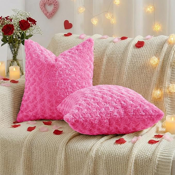 FUTEI Hot Pink Decorative Throw Pillow Covers 18x18 Inch Set of 2,Soft Solid Rose Swirl Textured Cushion Case,Valentine's Day Decor for Couch Living Room