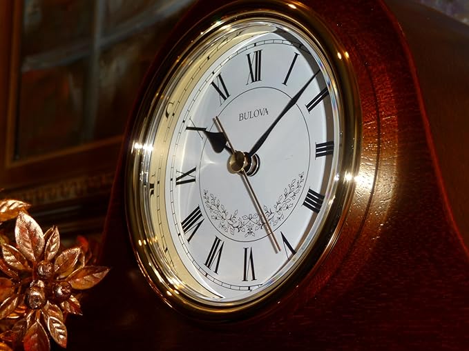 Bulova B1929 Bulova Annette I Chiming Mantel Clock, Model B1929 | Classic Mahogany Finish | Westminster Melody on The Hour | Battery Powered I Chiming Clock