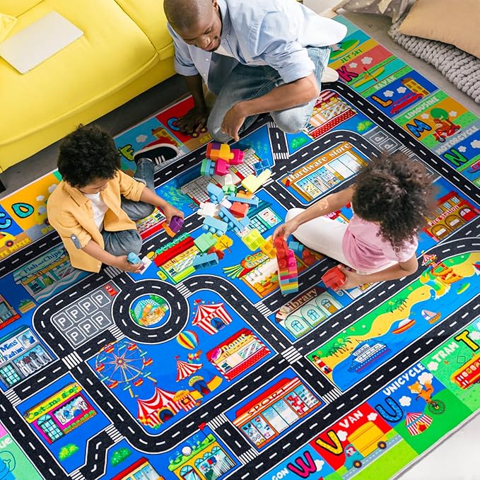 Kids Rugs for Toy Cars Playroom 110"×78.7" ABC Transportation Animals Play Mat Educational Mat Alphabet Area Rug Public Buildings Kids Playtime Collection Toddler Learning Carpet
