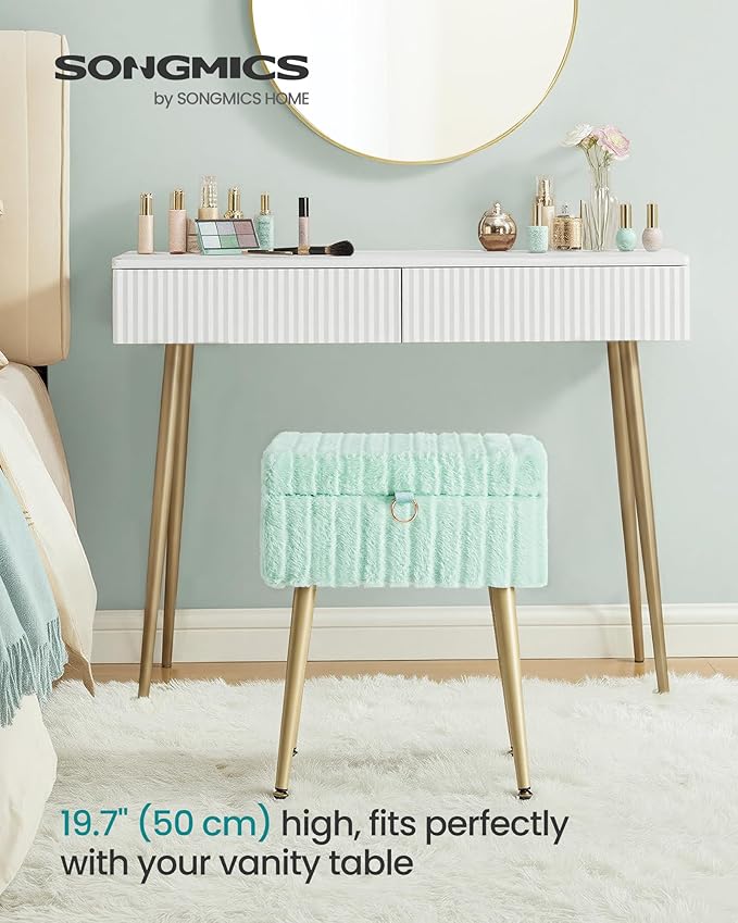 SONGMICS Vanity Stool Chair with Storage, Makeup Stool, Footrest Footstool Ottoman, Metal Legs, Adjustable Feet, for Living Room, Bedroom, Makeup Room, Moonlight Green ULOM505CZ02