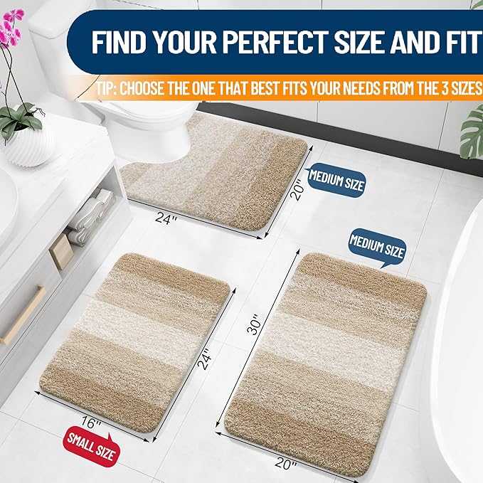 OLANLY Bathroom Rug Set 2 Piece, Soft Absorbent Microfiber Bath Mats and U-Shaped Contour Toilet Rug, Non-Slip, Machine Wash Dry, Plush Shaggy Bath Mats for Bathroom (30"x20"+24"x20", Tan)