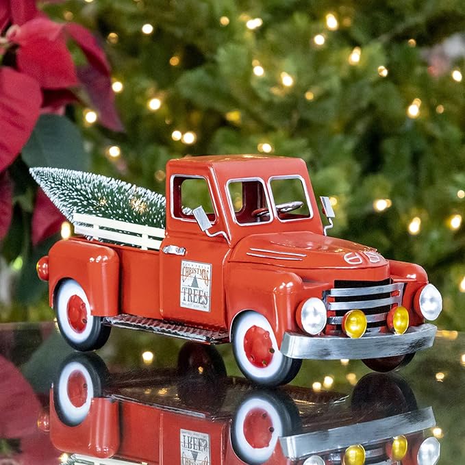Zaer Ltd. Red Metal Christmas Pickup Truck Decoration (Small 12" Long)