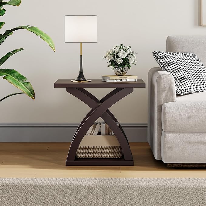 ChooChoo End Side Table, Modern End Table with Storage Shelf, X-Design Side Table Living Room(Espresso)