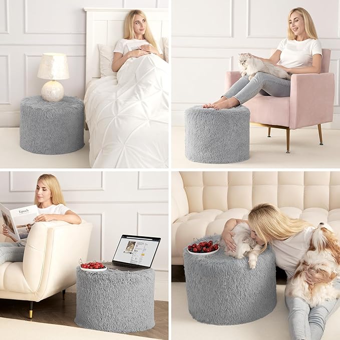 Hansleep Round Pouf Ottoman Foot Rest, 17 x 14 Small Faux Fur Stuffed Pouf for Chair, Foam Filled Foot Stools Ottomans for Living Room, Grey