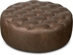 Poly & BARK Ascot Ottoman – 40" Round Pouf with Feather-Down Topper – Full-Grain Leather Upholstered Pouf Ottoman for Living Room – Vintage Italian Leather in Cocoa Brown