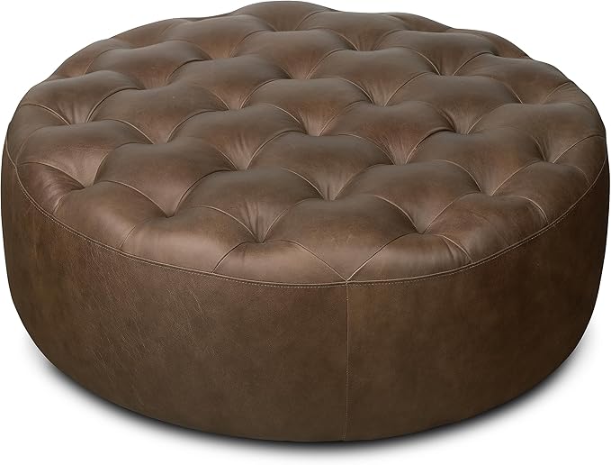 Poly & BARK Ascot Ottoman – 40" Round Pouf with Feather-Down Topper – Full-Grain Leather Upholstered Pouf Ottoman for Living Room – Vintage Italian Leather in Cocoa Brown