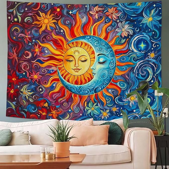 Sun and Moon Tapestry Boho Hippie Orange Red Blue Floral Tapestry for Bedroom Aesthetic Abstract Plant Flowers Stars Small Tapestries Wall Hanging for Living Room Dorm 80 x 60 Inch
