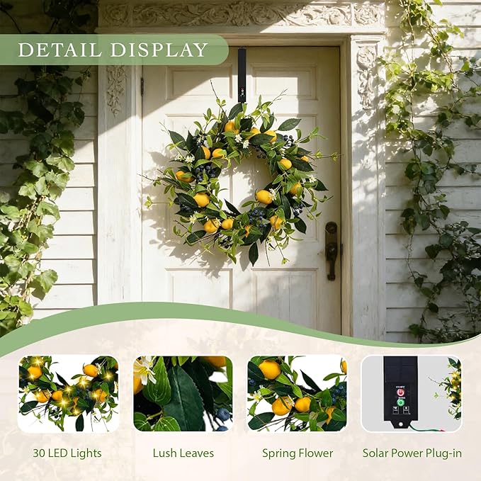 Solar Spring Wreath 24inchWreath for Front Door Artificial Pre-lit 50LED Spring Decorations for Outside Yellow Lemon Summer Decor Wreath for Wall Festival Holiday Farmhouse Decor(2407)