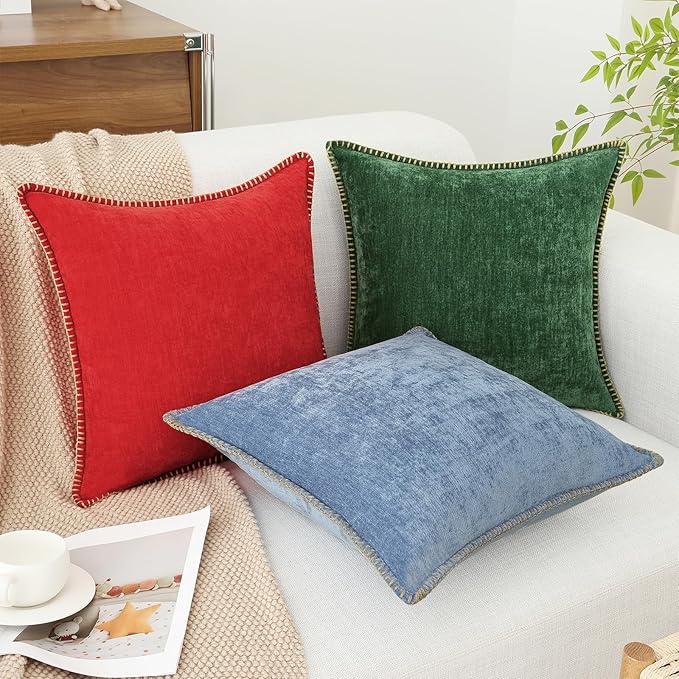 decorUhome Spring Chenille Soft Cozy Throw Pillow Covers 20x20 Set of 2, Modern Farmhouse Boho Velvet Decorative Pillow Cases with Stitched Edge for Couch Sofa Bed Home Decor, Blue