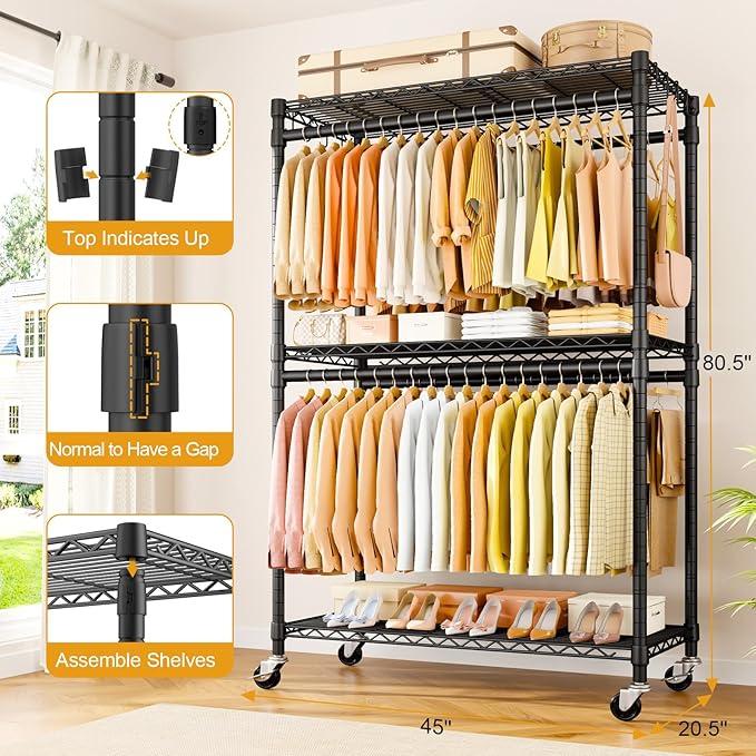 P5 Plus Rolling Clothes Rack Heavy Duty, Clothing Racks for Hanging Clothes, Metal Garment Rack with Wheels, 3-Tier Portable Closet Rack 45'' W × 20.5'' D × 80.5'' H, Max Load 660 Lbs, Black