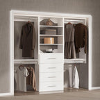96" Modular Closet with Hanging and Drawers, White Wood Tower for Walk-In Closets, Wall-Mounted Wardrobe Organizer