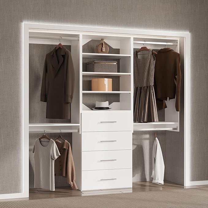 96" Modular Closet with Hanging and Drawers, White Wood Tower for Walk-In Closets, Wall-Mounted Wardrobe Organizer