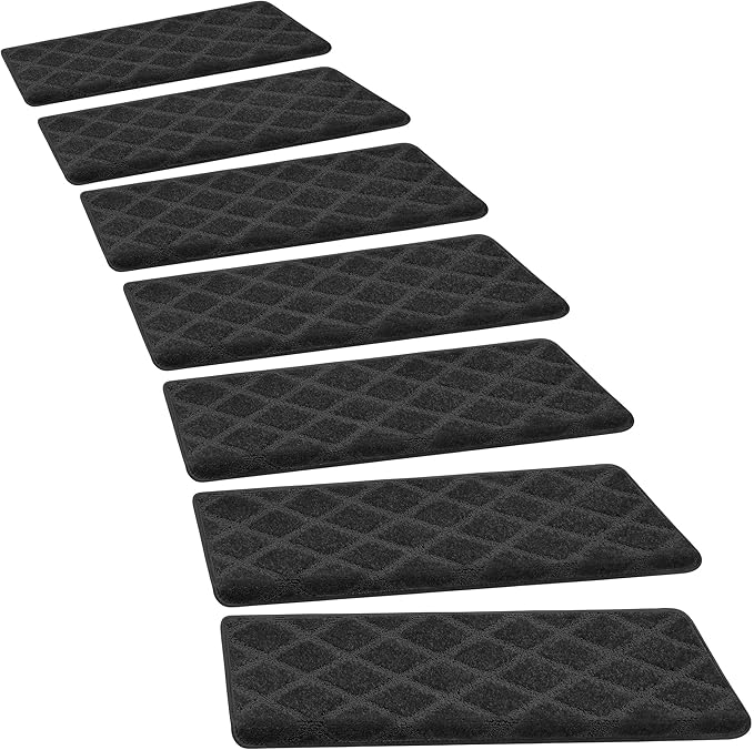 PURE ERA Bullnose Carpet Stair Treads Tape Free Non-Slip Indoor Stair Protectors Pet Friendly Stair Treads for Wooden Steps 9.5" x 30"(14 Pieces,Black Diamond Trellis)