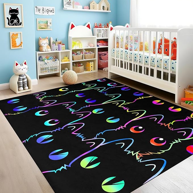 Black Cat Rug for Bedroom, Kids Cat Carpet for Girls Room Decor, Funny Cats Rugs Room Decor Playroom Cute Cats Themed Kids Area Rug Washable Non Slip Childrens Bedroom Mat 3x5 Feet