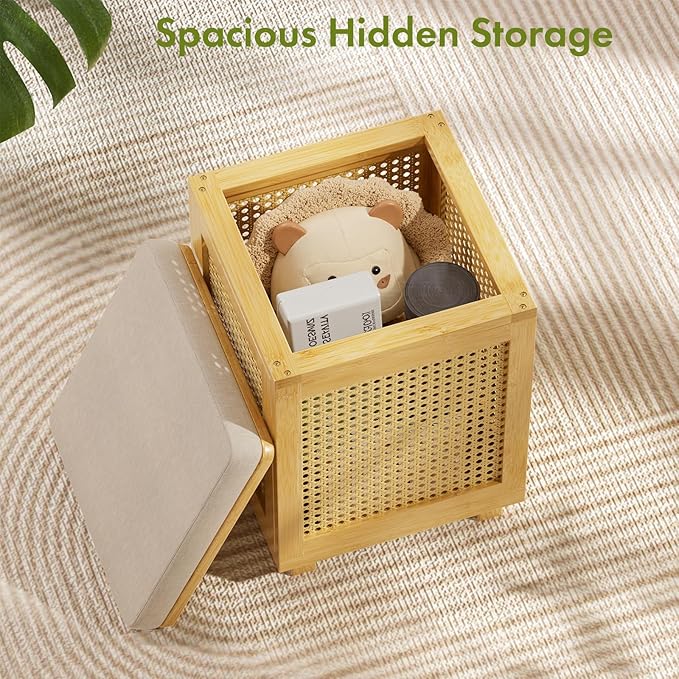 End Table for Living Room, Small Side Table with Storage, Bamboo Rattan Weave with Removable Cushion Top, Multifunctional Nightstand Ottoman Footrest Seat & Organizer for Bedroom, Office