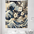 Ambesonne Anime Tapestry Twin Size, Ukiyo-e Style Cultural Art Design with Squama Scales Waves Cherry Blossoms, Wall Hanging Bedspread Bed Cover Wall Decor, 68" X 88", Taupe Beige Dark Blue