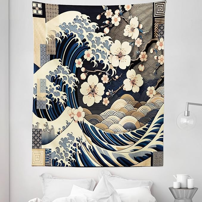 Ambesonne Anime Tapestry Twin Size, Ukiyo-e Style Cultural Art Design with Squama Scales Waves Cherry Blossoms, Wall Hanging Bedspread Bed Cover Wall Decor, 68" X 88", Taupe Beige Dark Blue
