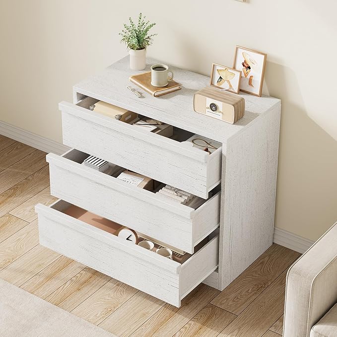 GarveeHome 3 Drawer Dresser for Bedroom, White Nightstand 3 Chest of Drawers with Large Storage, Small Modern Bedside End Table for Living Room, Nursery, Entryway