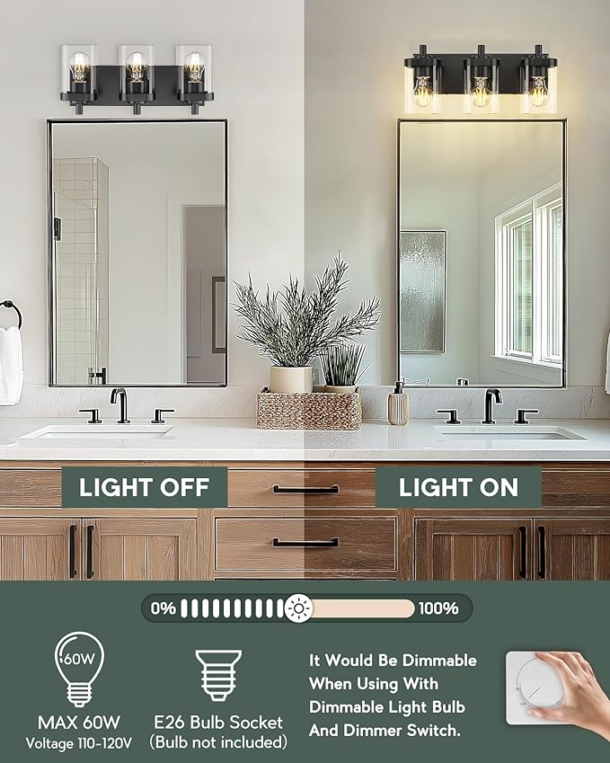 Bathroom Light Fixtures Over Mirror, 3-Light Matte Black Vanity Light with Square Clear Glass Shade, Modern Wall Sconces, Vanity Lighting Fixtures, VL194-MB-3