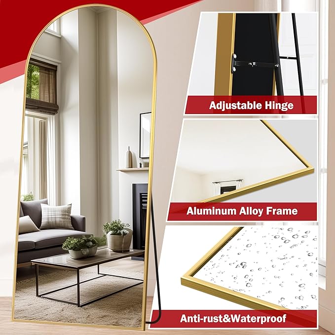 Suidia Arched Full Length Mirror, 71"x32" Floor Mirror Freestanding, Floor Standing Full Body Mirror with Stand for Bedroom, Hanging Leaning Mounted for Living Room Cloakroom, Gold