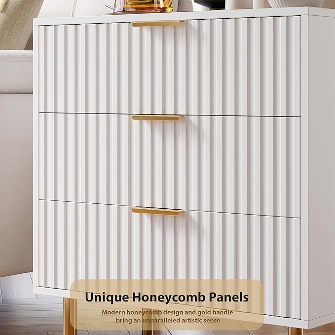 GarveeHome White 3 Drawer Dresser for Bedroom, Fluted Modern Nightstand with Deep Drawers, Chest of Drawers with Wide Top, Wooden Dresser Organizer, Side Table for Living Room, Hallway, Kids Room