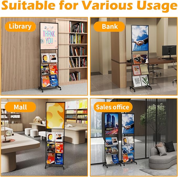 lesolar Floor-Standing Magazine Rack with Poster Board Stand 4-tier Newspaper Holder Book Display Shelf Brochure Display Stand Poster Sign Holder with Wheels Suitable for Exhibitions Store Business