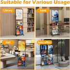 lesolar Floor-Standing Magazine Rack with Poster Board Stand 4-tier Newspaper Holder Book Display Shelf Brochure Display Stand Poster Sign Holder with Wheels Suitable for Exhibitions Store Business