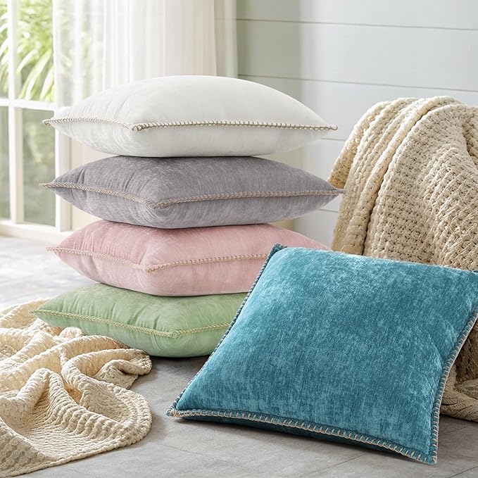 decorUhome Spring Chenille Soft Cozy Throw Pillow Covers 18x18 Set of 2, Modern Farmhouse Boho Velvet Decorative Pillow Cases with Stitched Edge for Couch Sofa Bed Home Decor, Sage Green