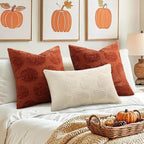 decorUhome Decorative Beige Pumpkin Thanksgiving Throw Pillow Covers 18x18 Set of 2, Soft Chenille Jacquard Farmhouse Textured Pillow Covers for Couch Bed Sofa Autumn Harvest Halloween Holiday