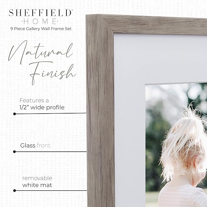 Sheffield Home 9 Piece Gallery Wall Frame Set, 11x14 Inch, Natural
