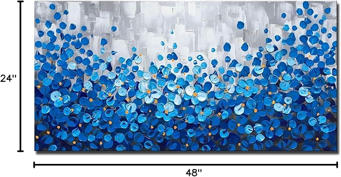 MyArton Textured Blue Flowers Canvas Wall Art Hand Painted Modern Decoration Oil Painting Picture Framed Ready to Hang 48x24inch