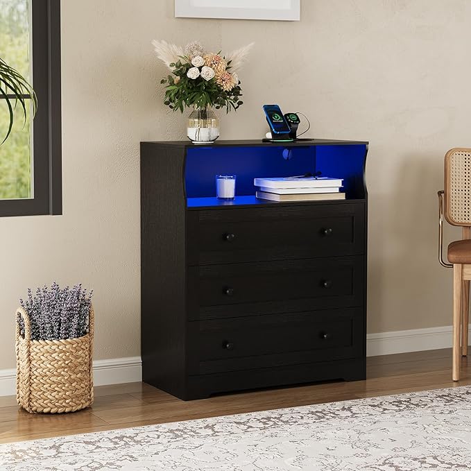 37.2" 3-Drawer Dresser with LED Lights & Charging Station, Wood Chest of Drawers with Open Space, Bedroom Closet Organizer for Living Room, Entryway, Bedside Storage, Black