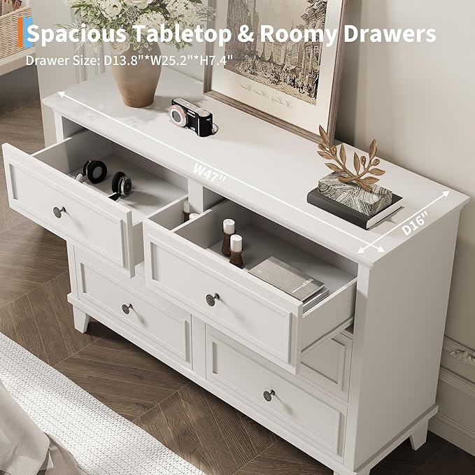 GarveeHome Farmhouse White Dresser for Bedroom with 6 Drawer, Double Dresser TV Stand with Vintage Handle, Wide Wood Dressers & Chests of Drawers, 6 Drawer Dressers for Bedroom, Living Room, Hallway