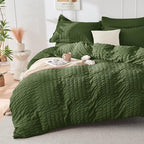 HYMOKEGE Olive Green Queen Comforter Set Seersucker 7 Pieces, All Season Luxury Bed in a Bag Queen for Bedroom, Bedding Set with Comforter, Sheets, Pillowcases & Shams