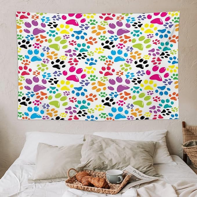 VUMIVI Dog Paw Tapestry Funny Colorful Cartoon Animal Footprints Blue Black Red Tapestry Wall Hanging for Living Room Bedroom Dorm Classroom Aesthetic Decor W60xL40in