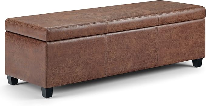 SIMPLIHOME Avalon Storage Ottoman Bench - 48 inch Wide Upholstered Vegan Leather Rectangular Lift-Top Ottoman in Distressed Umber Brown, Contemporary Bench for Living Room with High-Density Foam